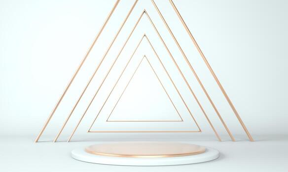 3d rendering studio with geometric shapes, podium on the floor. Platforms for product presentation, mock up background. photo