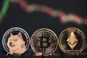 Dogecoin DOGE, Ethereum ETH, Bitcoin BTC group included cryptocurrency and stock chart candlestick down trend lose stock on computer keyboard. Use technology cryptocurrency blockchain. close up coin. photo