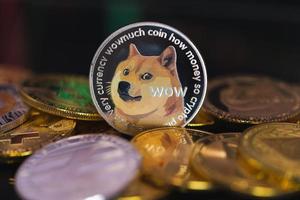 Dogecoin DOGE group included with all crypto currency coin bitcoin, Ethereum ETH, Binance Coin symbol Virtual blockchain technology future is money defocused background Close up and Macro photography photo