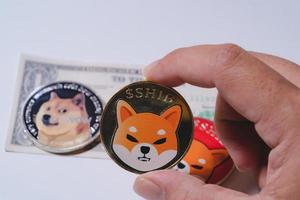 la mano o los dedos recogiendo el grupo de monedas shiba incluido con la moneda criptográfica dogecoin doge, bitcoin btc, ethereum eth symbol virtual blockchain technology future is digital money close up and macro. foto