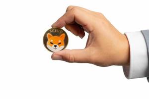 Hand or fingers picking Shiba coin group included with Crypto currency on hand business man in gray suit. Filed and put and give to me isolated on white background. photo