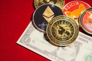 Uniswap UNI, bitcoin, Ethereum ETH, Shiba Coin, included with Crypto currency coin  on stack 100 hundred new US dollar Money American Virtual blockchain technology future is money Close up concept photo