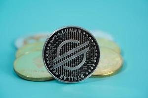 Stellar lumen XLM group included with Crypto currency coin Dogecoin DOGE, bitcoin BTC, Ethereum ETH, Binance Coin BNB symbol Virtual blockchain technology future is money close up and Macro concept. photo