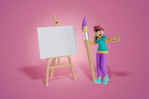 las mujeres sostienen una paleta de colores y un pincel gigante de pie con dibujo de pie, retrato, 3d, representación, ilustración foto