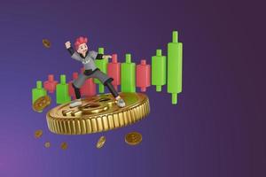 men standing on crypto coin, the graph is rising. and with coins scattered behind 3D, Render, illustration photo