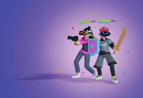 men and women use VR are playing the game in metaverse, holding weapons, swords, guns and shields, portrait, 3D, Render, illustration photo