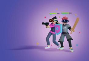 men and women use VR are playing the game in metaverse, holding weapons, swords, guns and shields, portrait, 3D, Render, illustration photo