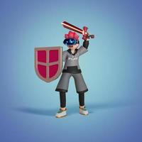 men standing use VR holding swords and shield. Play the game on the Earth of Metaverse. To receive Awards ,portrait, 3D, Render, illustration ,portrait, 3D, Render, illustration photo