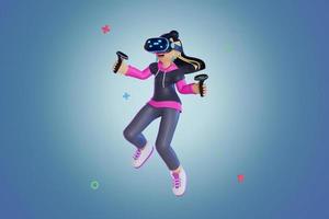 mujeres que usan vr y controlador en el mundo del metaverso, retrato, 3d, representación, ilustración foto