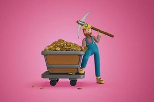 men holding pickaxe and cart of crypto coins 3D, Render, illustration photo