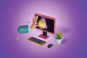 hand is taking out a crypto coin from a computer screen. 3D, Render, illustration photo