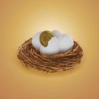 monedas criptográficas rotas de huevos de gallina en un nido de pájaro 3d, representación, ilustración foto
