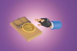 Hands are reaching out to pick up crypto coins at the mousetrap. 3D, Render, illustration photo