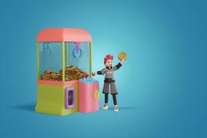 men wins crypto coin from Claw Machine 3D, Render, illustration photo