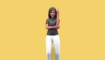 3d illustration cartoon character, Beautiful girl up pointing, happy and smiling, standing in front of a yellow background photo