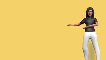 Personaje de dibujos animados de ilustración 3d, hermosa chica señalando a la izquierda, feliz y sonriente, de pie frente a un fondo amarillo