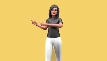 3d illustration cartoon character, Beautiful girl left pointing, happy and smiling, standing in front of a yellow background photo
