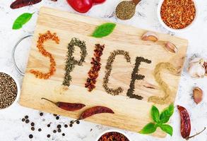 Different spices on white background. Top view