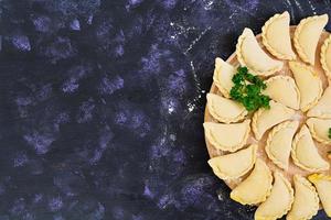 Delicious dumplings with cabbage on dark background. Top view photo