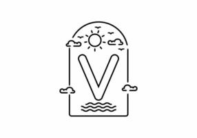 Line art illustration of beach with V initial name vector