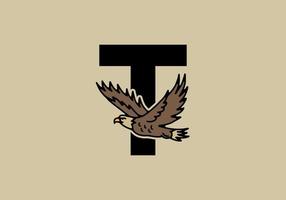 Line art illustration of flying eagle with T initial letter vector