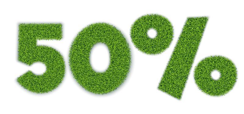50 percent shapes with garden grass texture. Seasonal sale. Banner for advertising. 3D realistic style. Separate on a white background. Vector.le