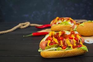 Delicious homemade hot dog on dark background photo