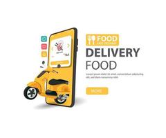 comida de entrega en línea por sitio web de scooter en un banner web de concepto de pedido de comida móvil vector