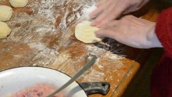 Kochen von hausgemachtem Weiß mit Fleisch auf Hefeteig video