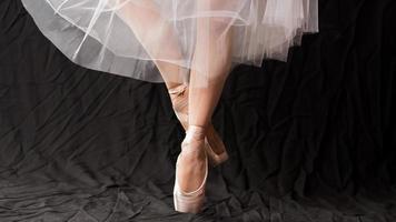 Close-up of dancing legs of ballerina wearing white pointe on a black background.