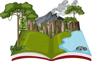 libro con volcán y bosque vector