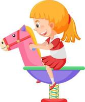 niña de dibujos animados montando en caballo mecedora de primavera vector