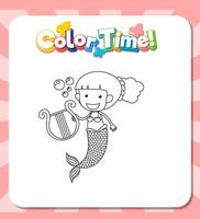 Worksheets template with color time text and Mermaid outline vector