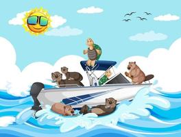 Ocean scene with group of animals on speedboat vector