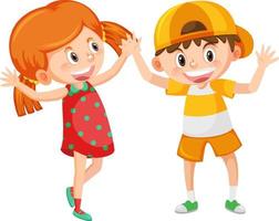 Cheerful boy and girl in greeting gesture vector