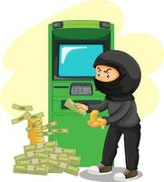 Thief stealing money from atm machine vector