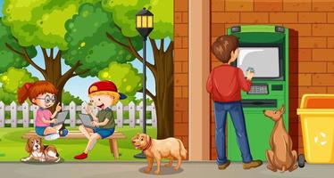 ATM on street scene with a man withdraw money vector