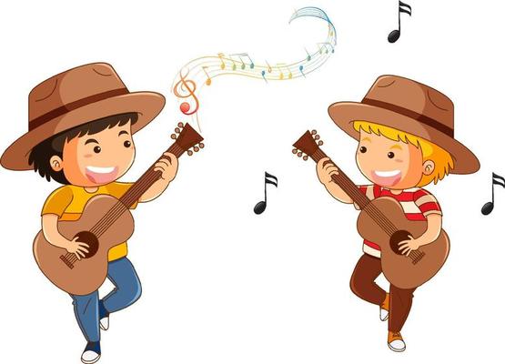 Two boys playing guitars in cartoon style