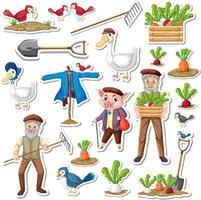 Sticker pack of farm objects and old farmer cartoon characters vector