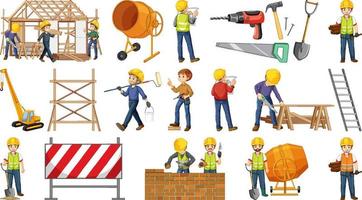 Set of construction site objects and workers vector