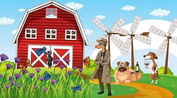 Outdoor farm scene with cartoon dogs vector