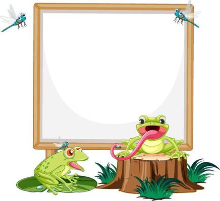 Blank wooden signboard with frog in cartoon style