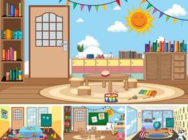 Set of different kindergarten classroom scenes vector