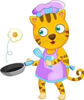 gato personaje de dibujos animados cocinando el desayuno vector