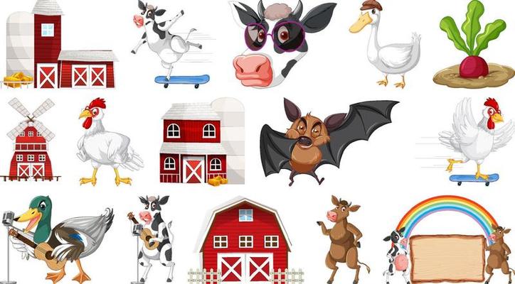 Many barn buildings and farm animals