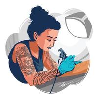 tatuadora femenina haciendo tatuaje en concepto de brazo vector