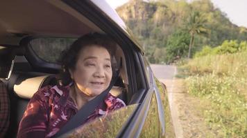 Good healthy senior enjoying good feeling of natural background through window's car on country road, fashionable elderly extended hand out of moving auto, freedom and happiness of retirement aged video