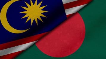 Representación 3d de dos banderas de malasia y la república popular de bangladesh junto con textura de tela, relaciones bilaterales, paz y conflicto entre países, genial para el fondo foto