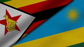 Representación 3d de dos banderas de la república de zimbabwe y la república de ruanda junto con textura de tela, relaciones bilaterales, paz y conflicto entre países, genial para el fondo foto
