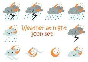 ilustración del clima nocturno con colección de caracteres faciales vector